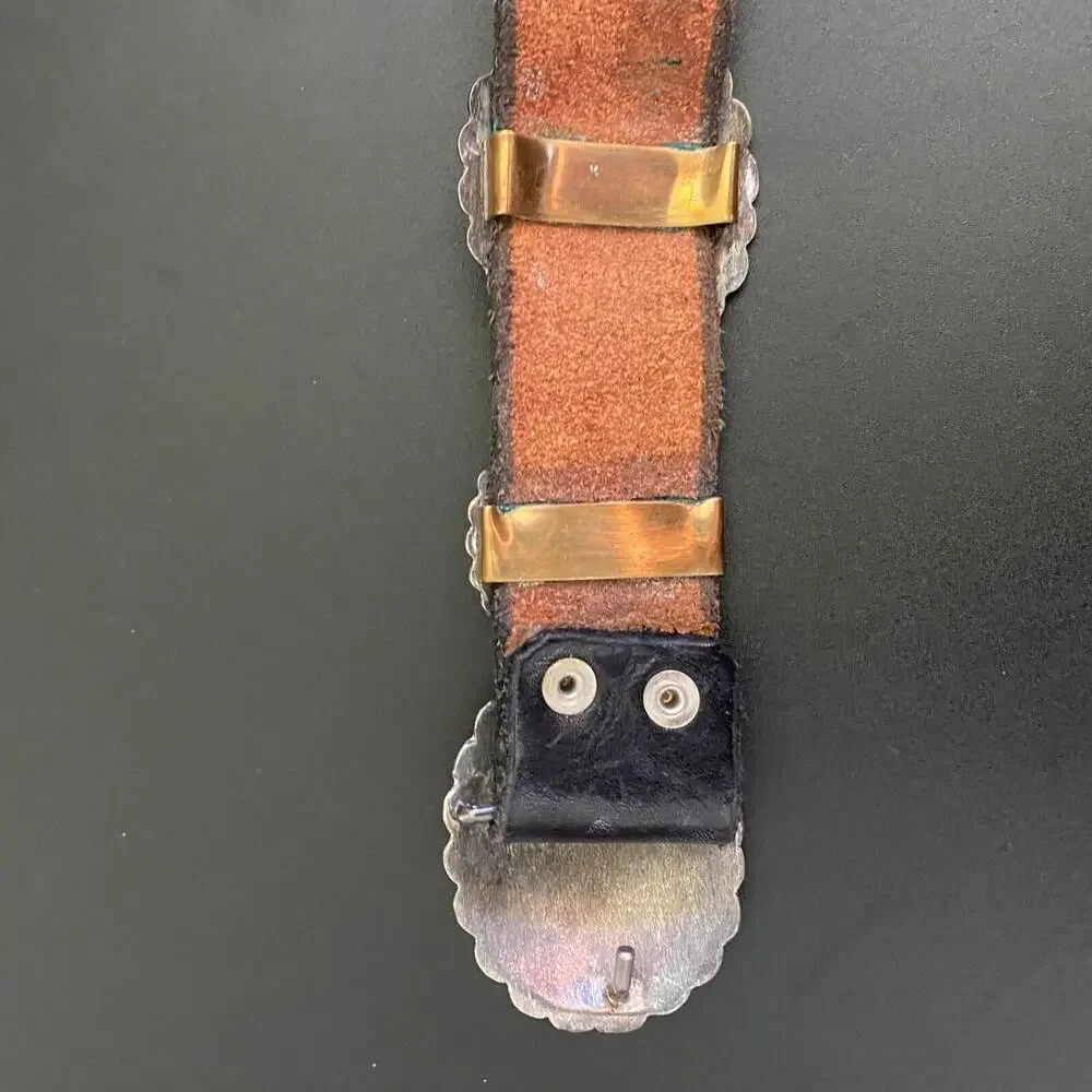 LF DESIGNS 1970s Sterling Silver and Turquoise Concho Black Leather Belt Buckle